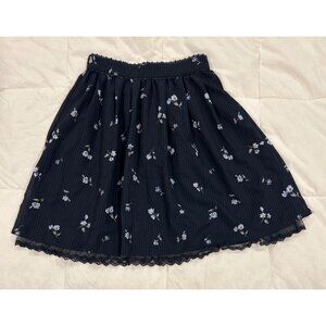 Lodispotto Floral Lace Trim Navy Blue Pleated Skirt Size M